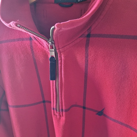Nautica 1/4 Zip Pullover Jumper Red Navy Window Pane Plaid Size Large Preppy - Picture 3 of 5